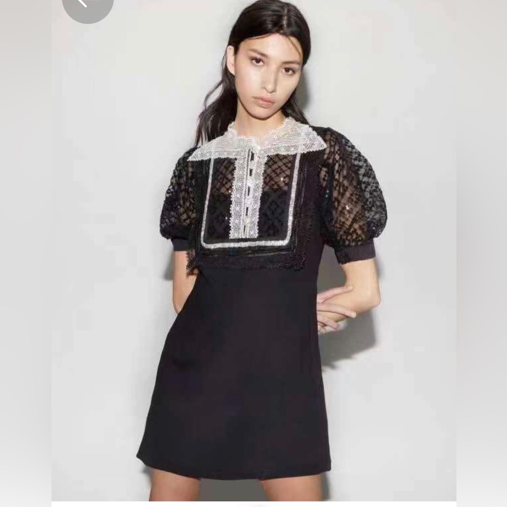Self portrait black crepe mini dress with gorgeous detail